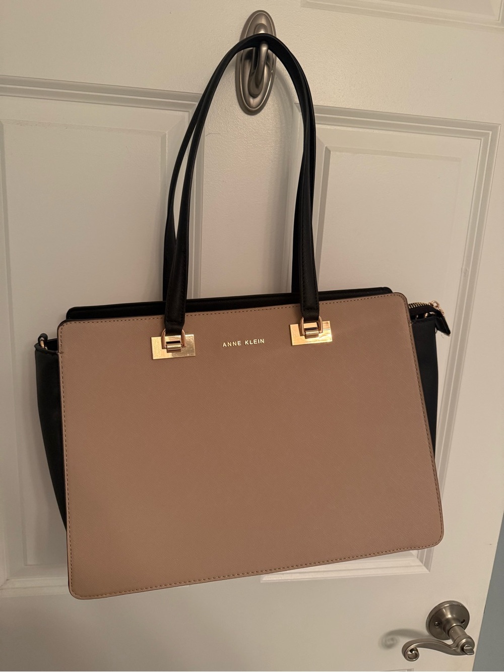 Anne Klein Taupe and Black Structured Tote with Gold Hardware